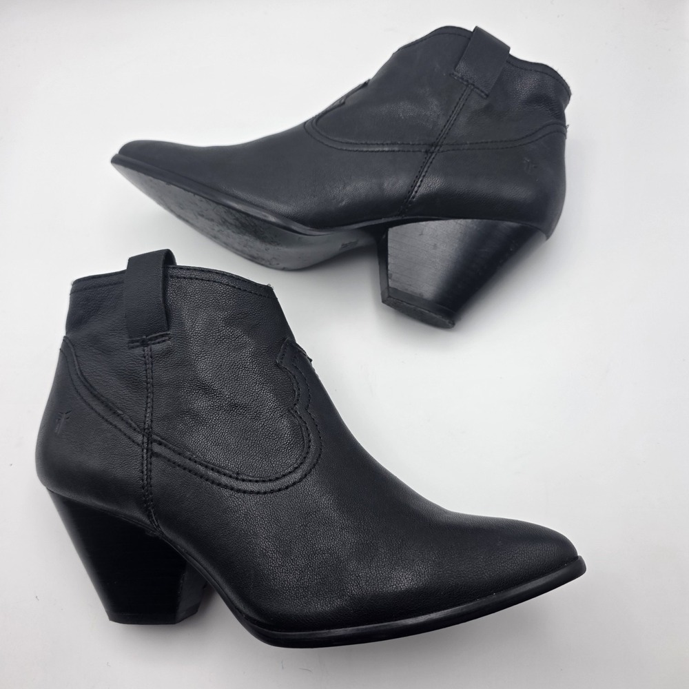 FRYE REINA Ankle Booties 7.5 Black Side Zip Cowboy Boots Heel Leather Western - Picture 8 of 10